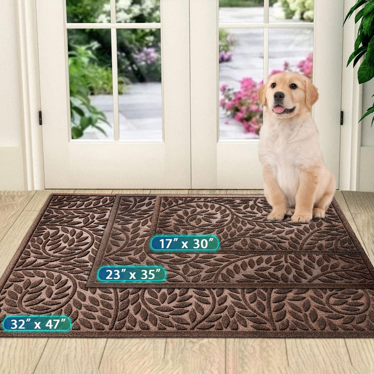 Blue Leaf Front Door Mat, Non-Slip Rubber