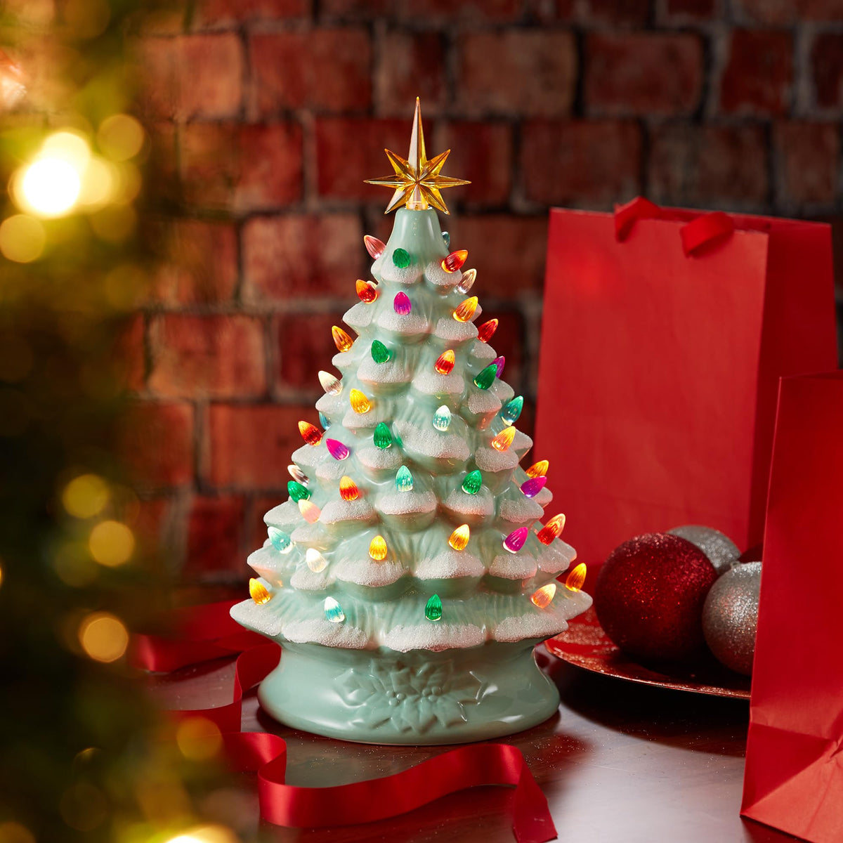 Hand Painted Ceramic Christmas Tree, 15 Inch Pre-Lit
