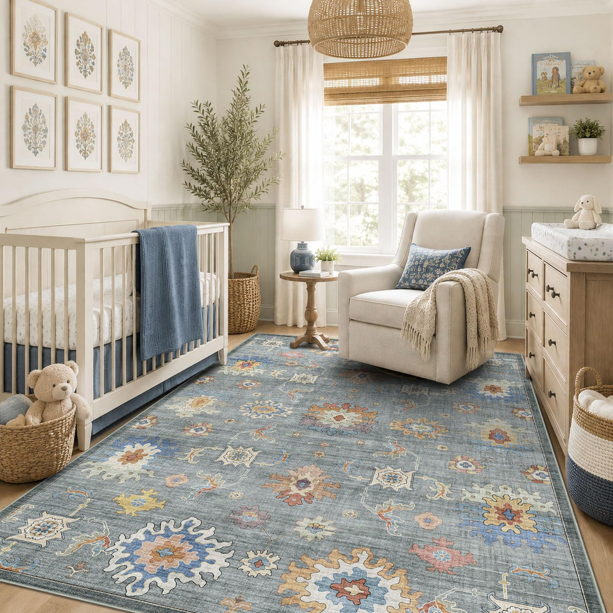 Washable Area Rug, Delft Blue Vintage Floral