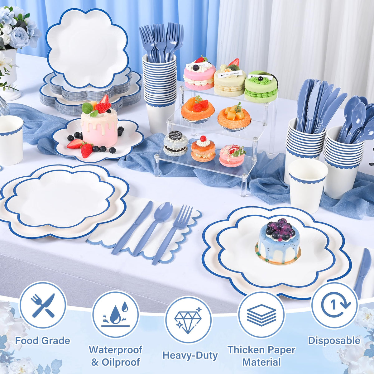 Blue and White Paper Tableware Set, Serves 50