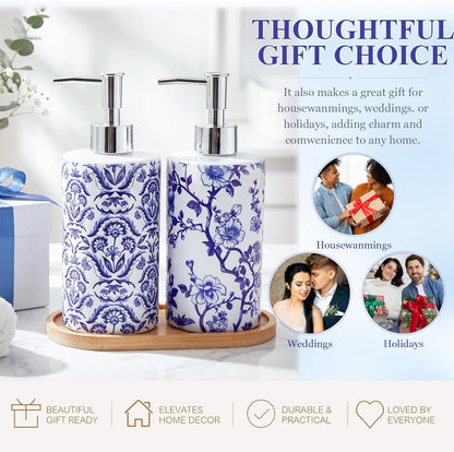 Blue and White Chinoiserie Soap Dispensers with Tray, Set of 2