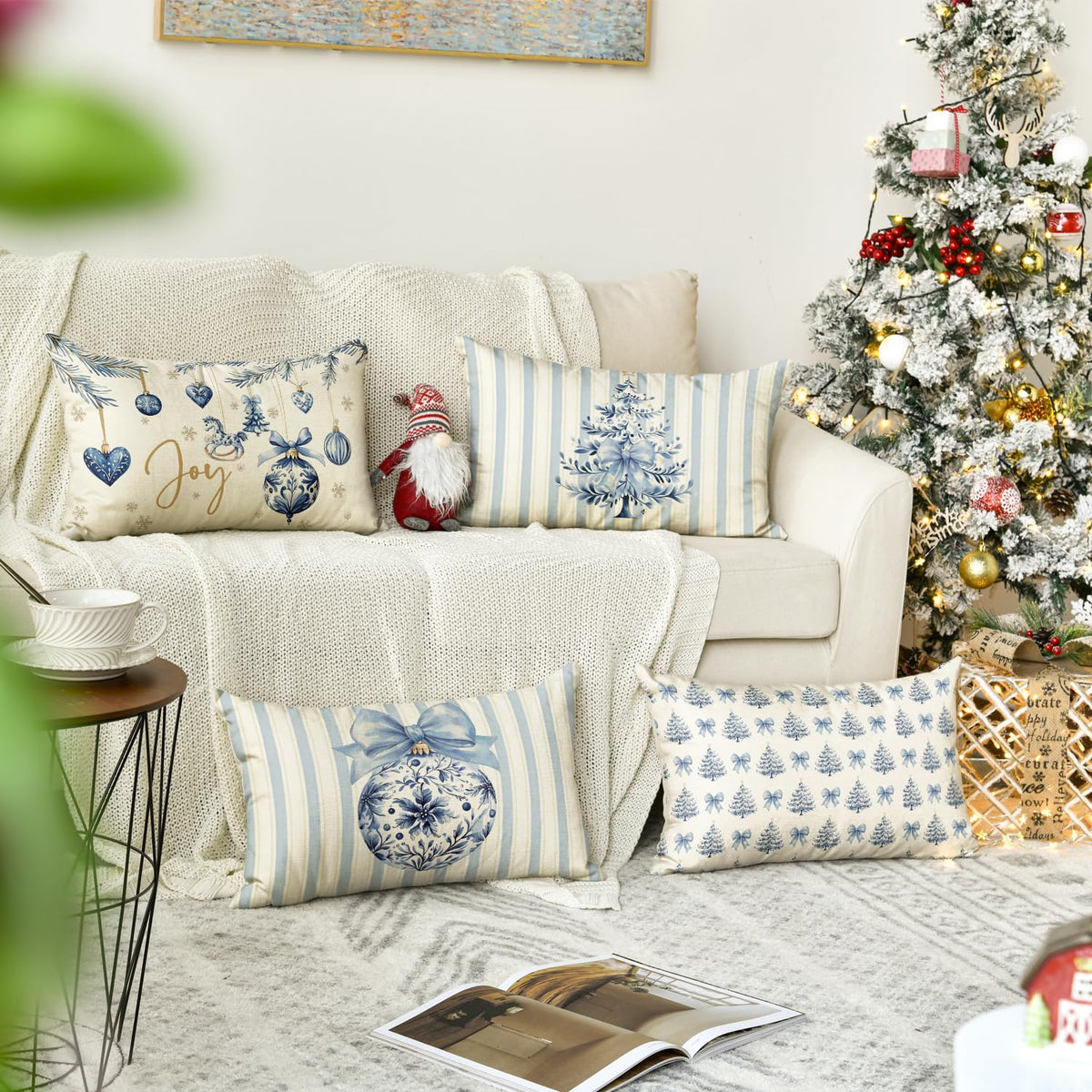 Blue Stripe Christmas Pillow Covers, Set of 4