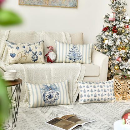Blue Stripe Christmas Pillow Covers, Set of 4