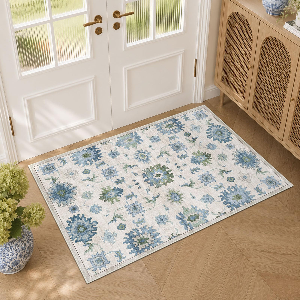 Washable Area Rug, Delft Blue Vintage Floral