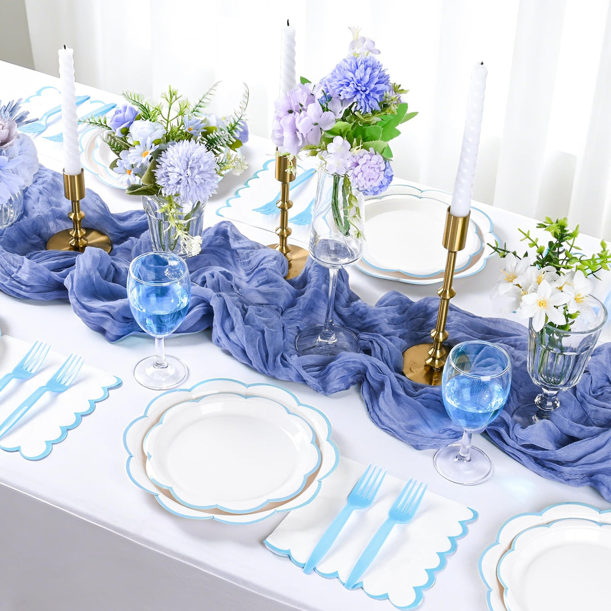 Blue Scalloped Paper Plates and Napkins, Serves 24