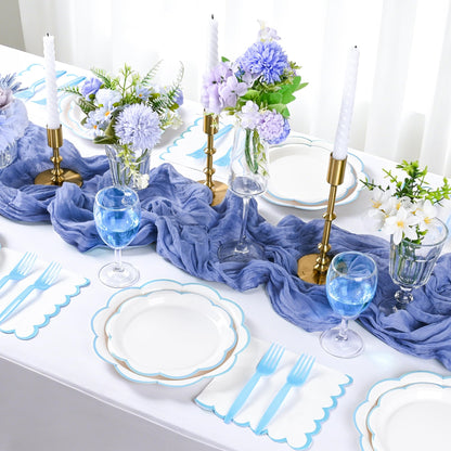 Blue Scalloped Paper Plates and Napkins, Serves 24