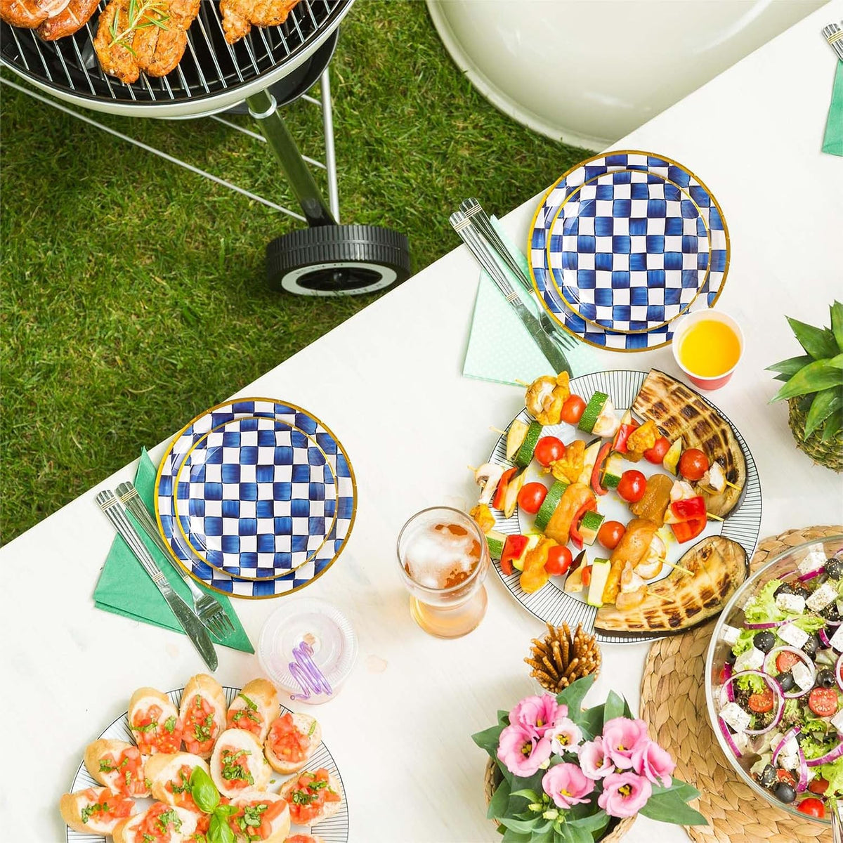 Blue and White Plaid Paper Plates, 48 Pieces