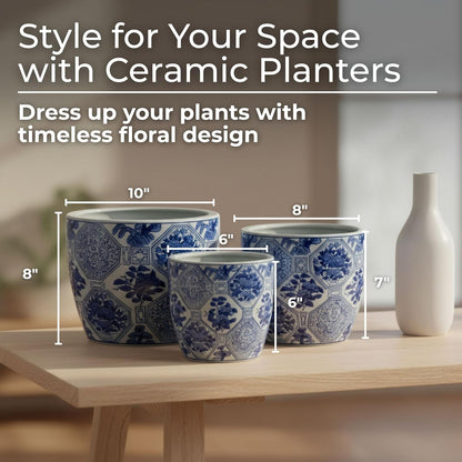 Blue and White Scenic Ceramic Planters, Set of 3