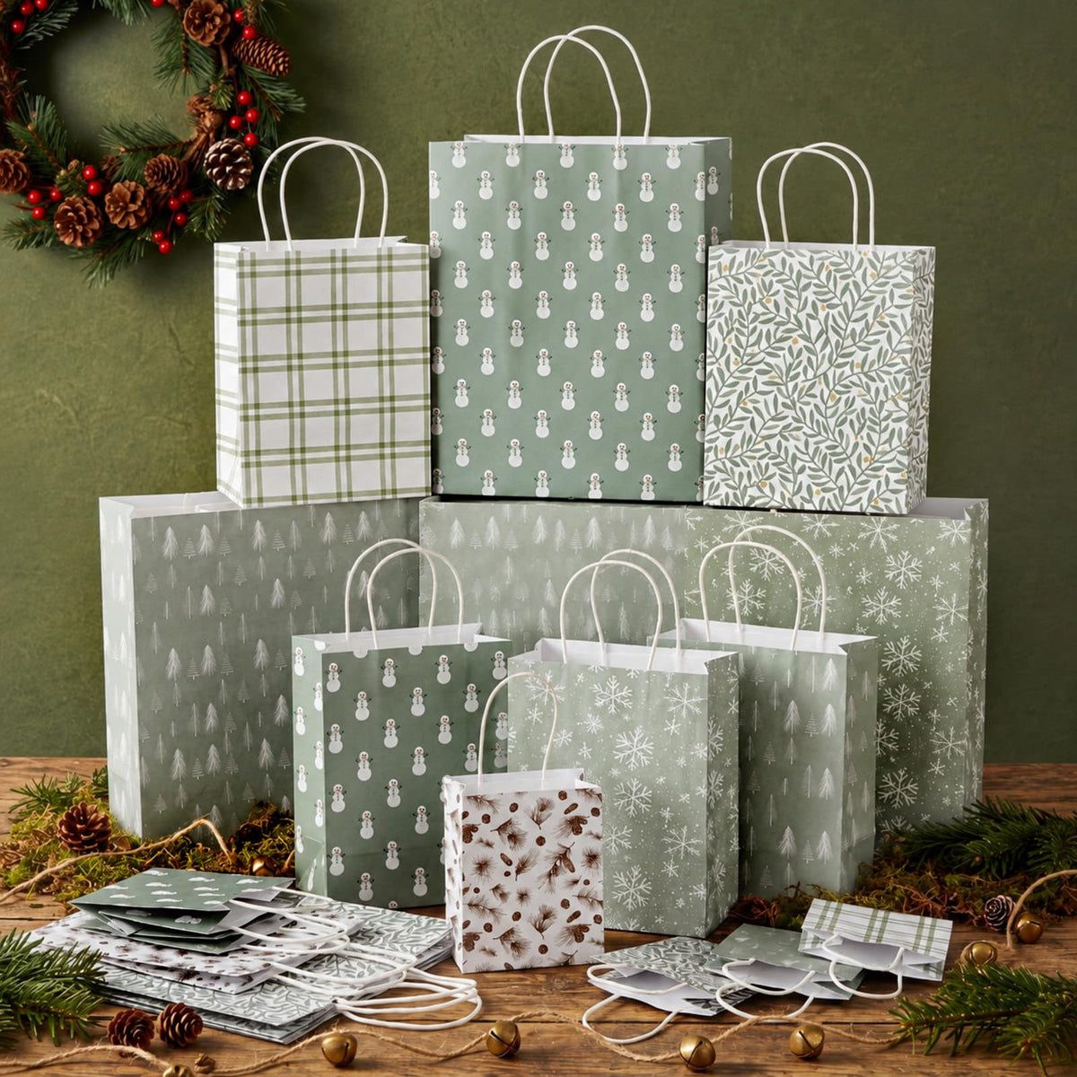 Blue Toile Christmas Kraft Gift Bags, Set of 18