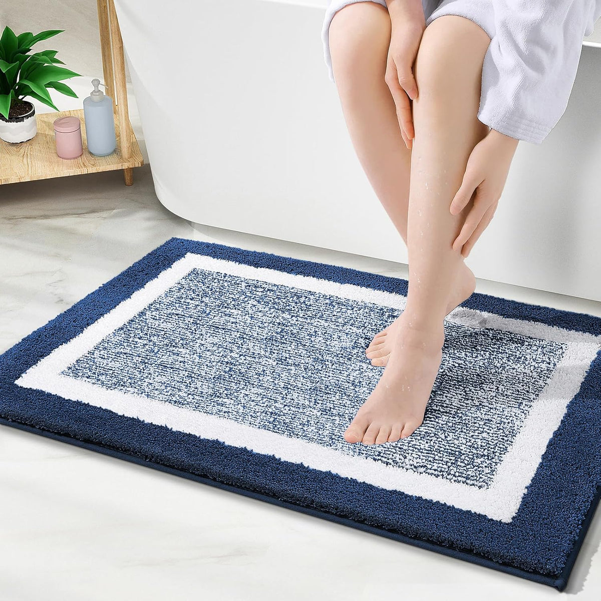 Navy and White Microfiber Bath Rug, 36 x 24