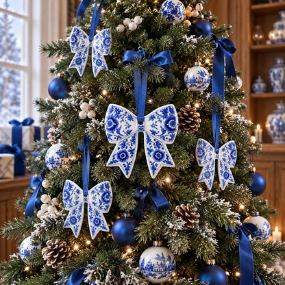 Blue and White Porcelain Bow Ornaments, Set of 6