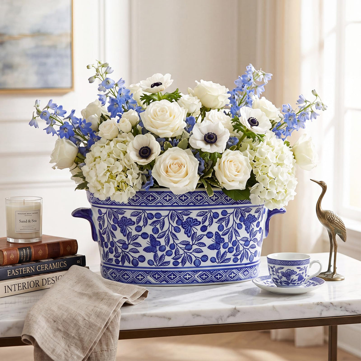 Blue and White Chinoiserie Oval Planter