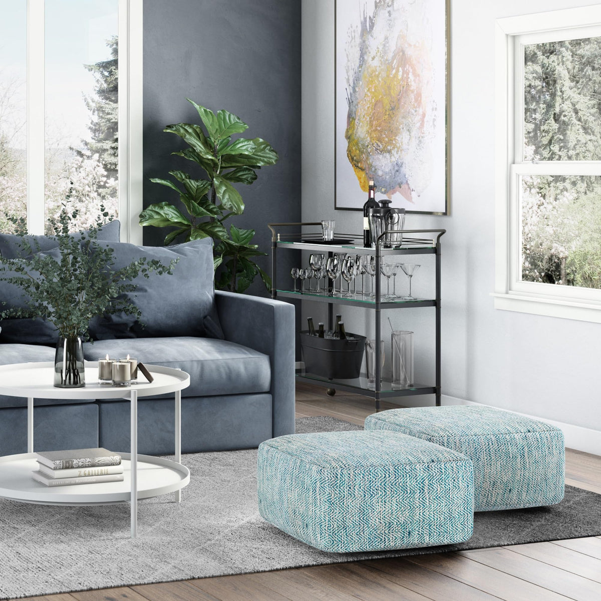 Simpli Home Cowan Blue Wool Square Pouf