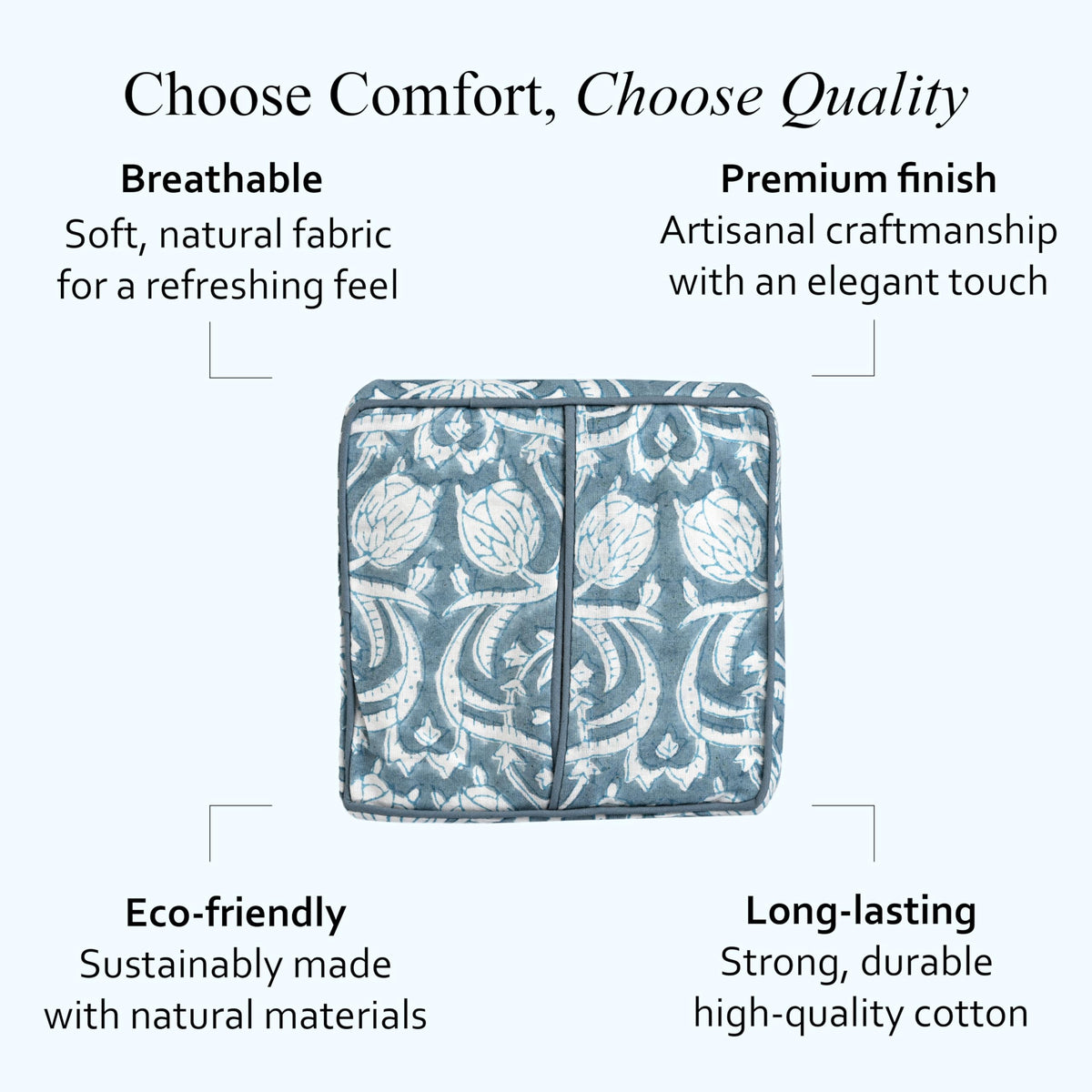 Block Print Cotton Tissue Box Cover, Apatite Blue