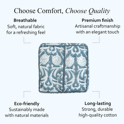 Block Print Cotton Tissue Box Cover, Apatite Blue