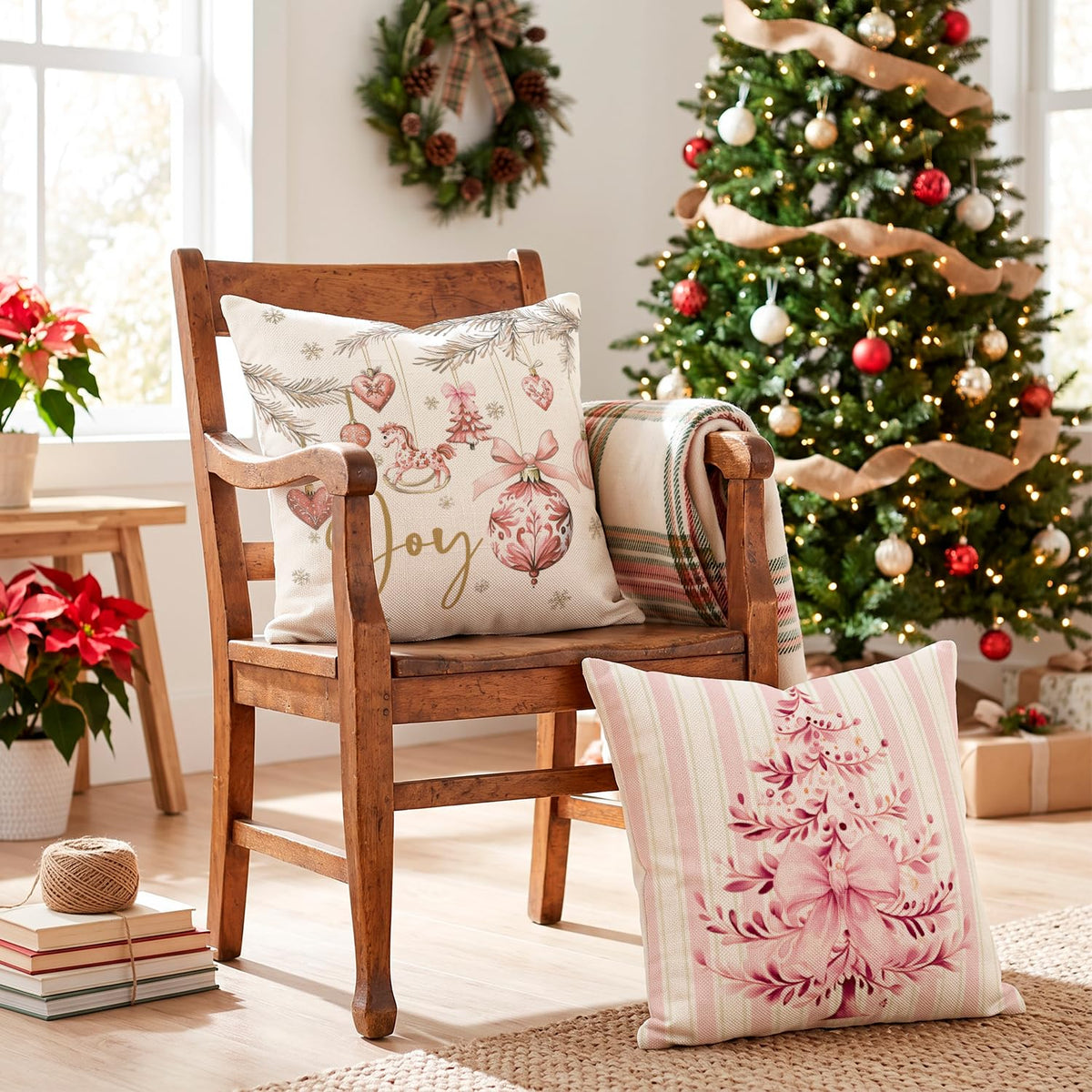 Blue Stripe Christmas Pillow Covers, Set of 4