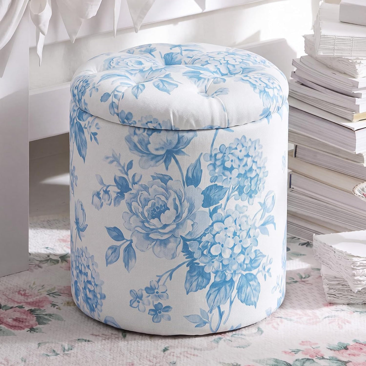 Blue Damask Tufted Round Ottoman, 16 Inch
