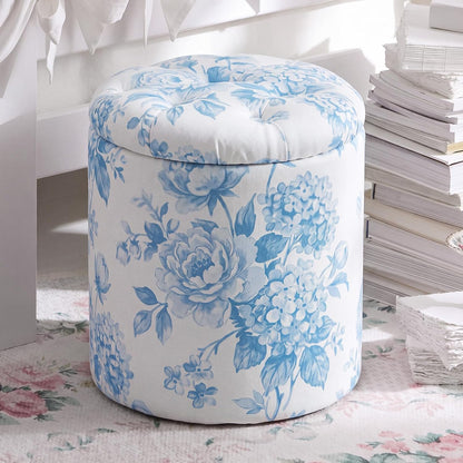 Blue Damask Tufted Round Ottoman, 16 Inch