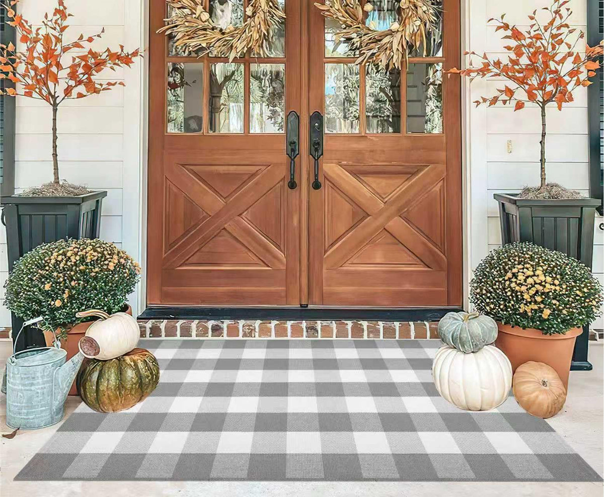 Light Blue Buffalo Plaid Cotton Door Mat, 24x35