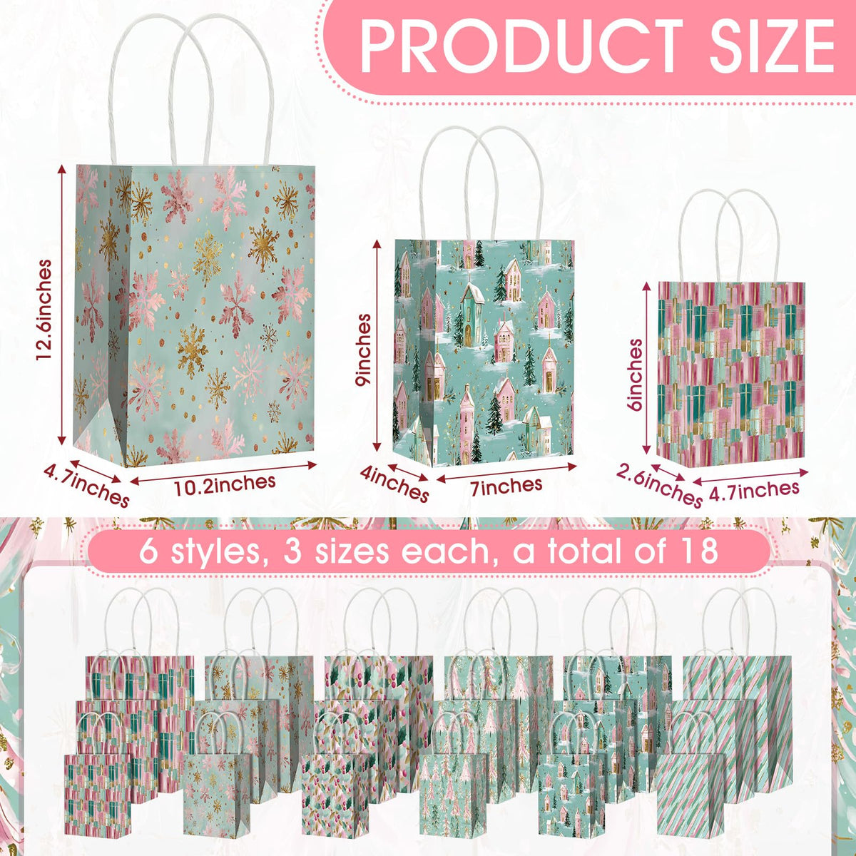 Blue Toile Christmas Kraft Gift Bags, Set of 18