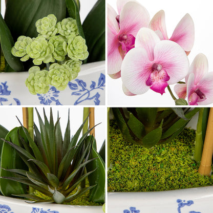 Briful Faux Orchid in Blue and White Boat Vase