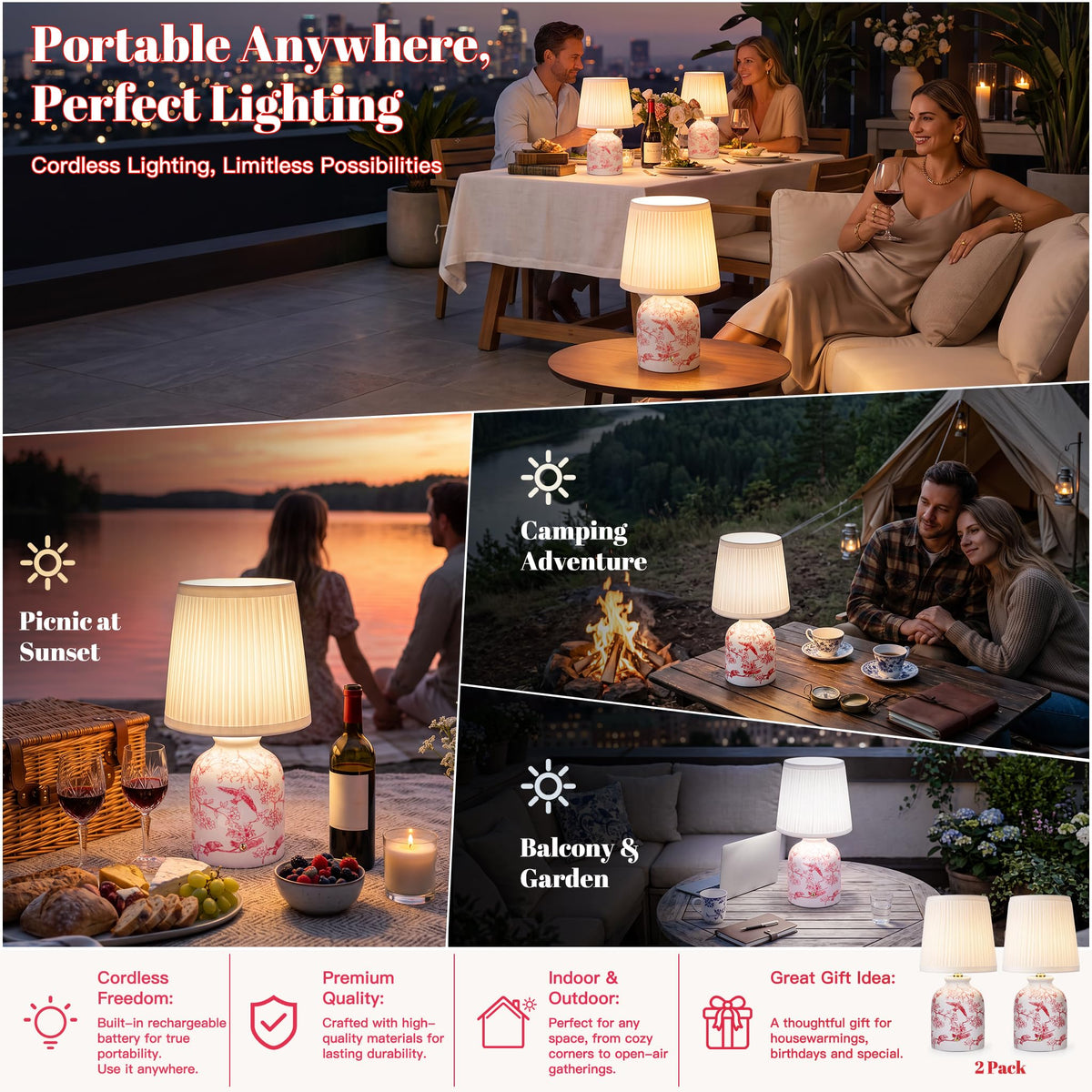 Blue and White Ceramic Cordless Lamps, Set of 2