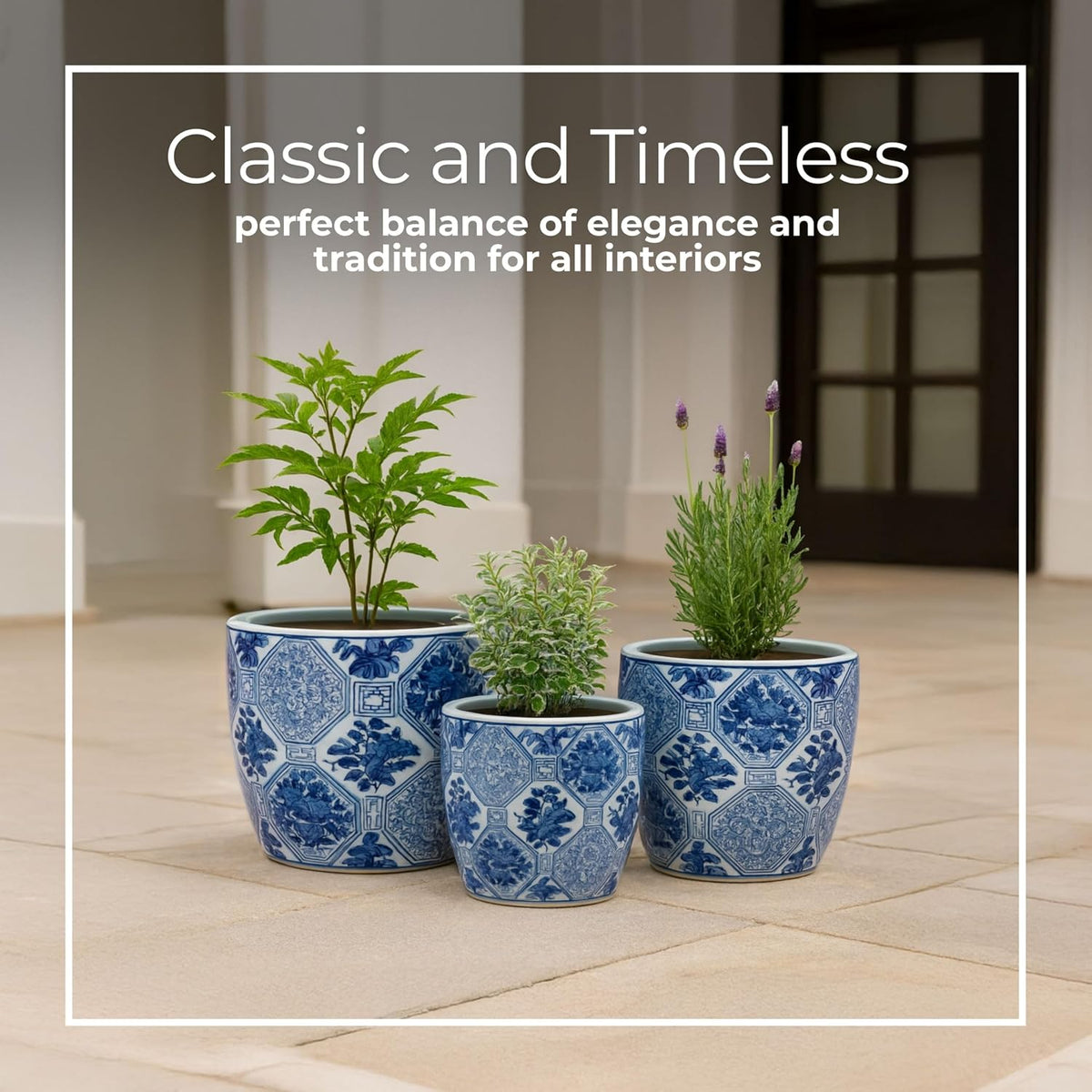 Blue and White Scenic Ceramic Planters, Set of 3