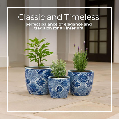 Blue and White Scenic Ceramic Planters, Set of 3