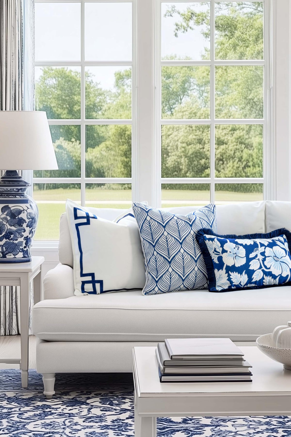 Navy Greek Key Outdoor Lumbar Pillow Cover, 12x20
