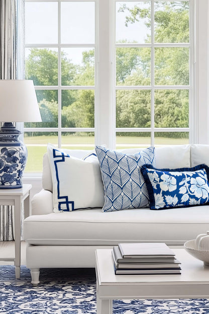 Navy Greek Key Outdoor Lumbar Pillow Cover, 12x20