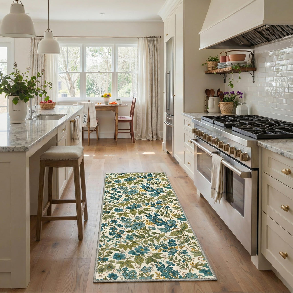 Bavni Dusty Blue Floral Washable Rug