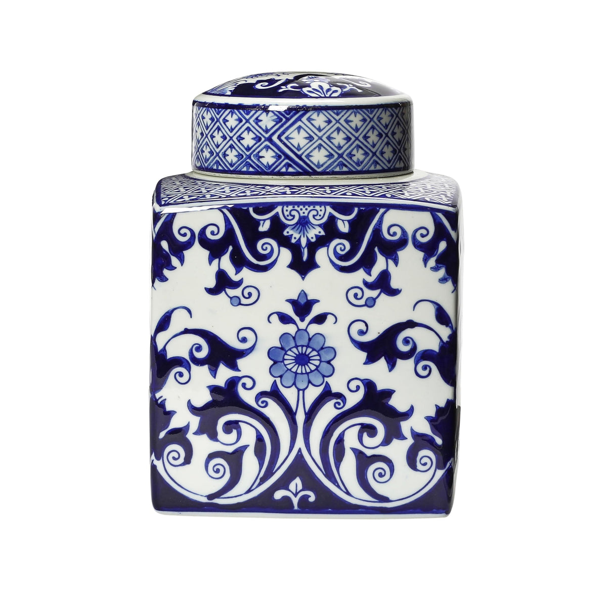 Square Ceramic Ginger Jar with Lid, Blue and White