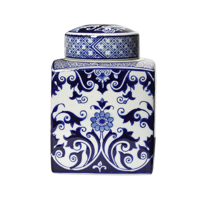 Square Ceramic Ginger Jar with Lid, Blue and White