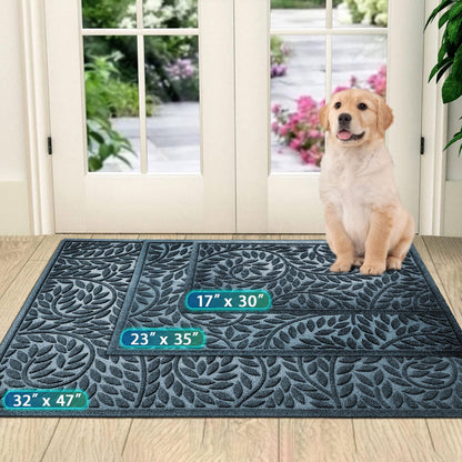 Blue Leaf Front Door Mat, Non-Slip Rubber