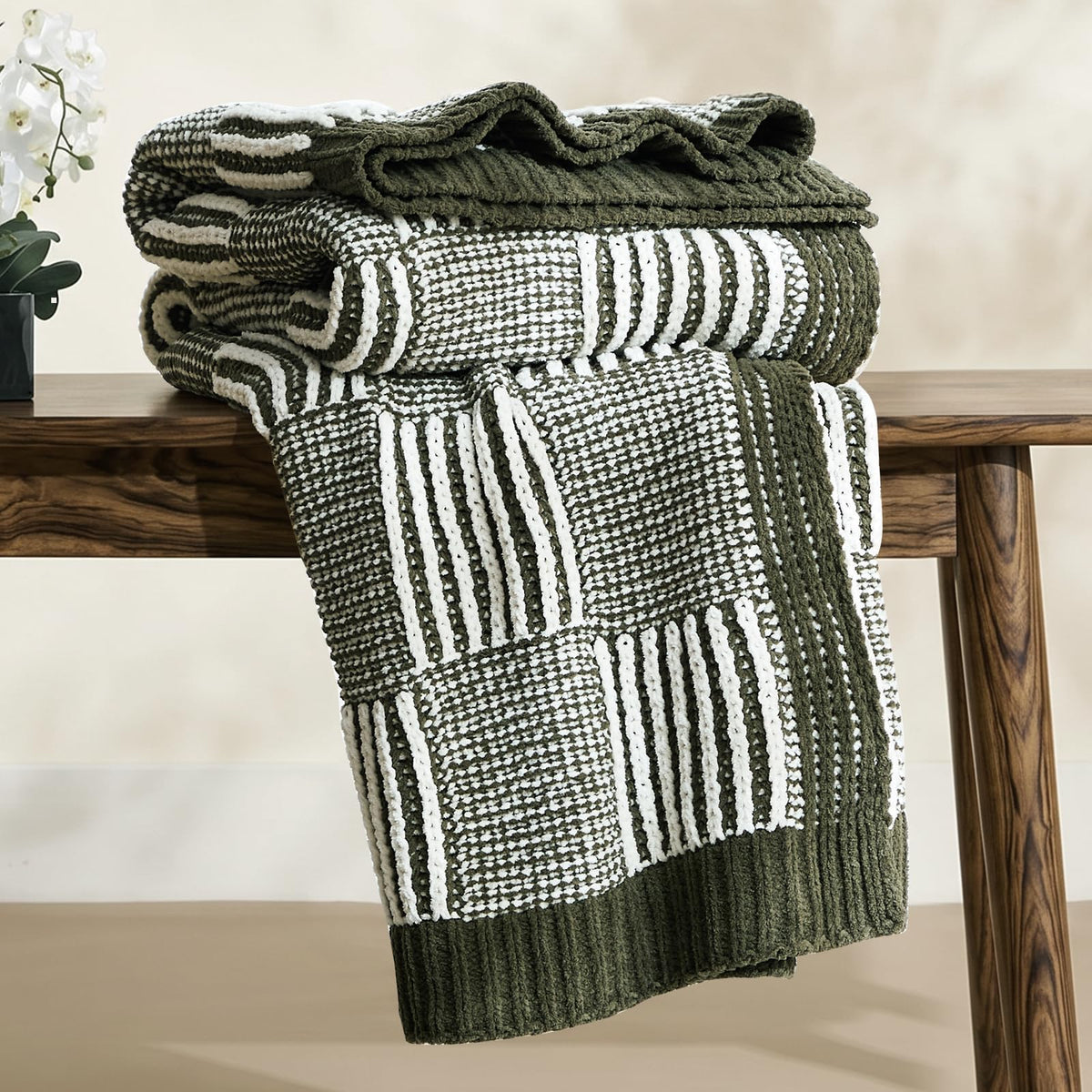 Checkered Knit Throw Blanket, Blue, 50 x 60 Inch