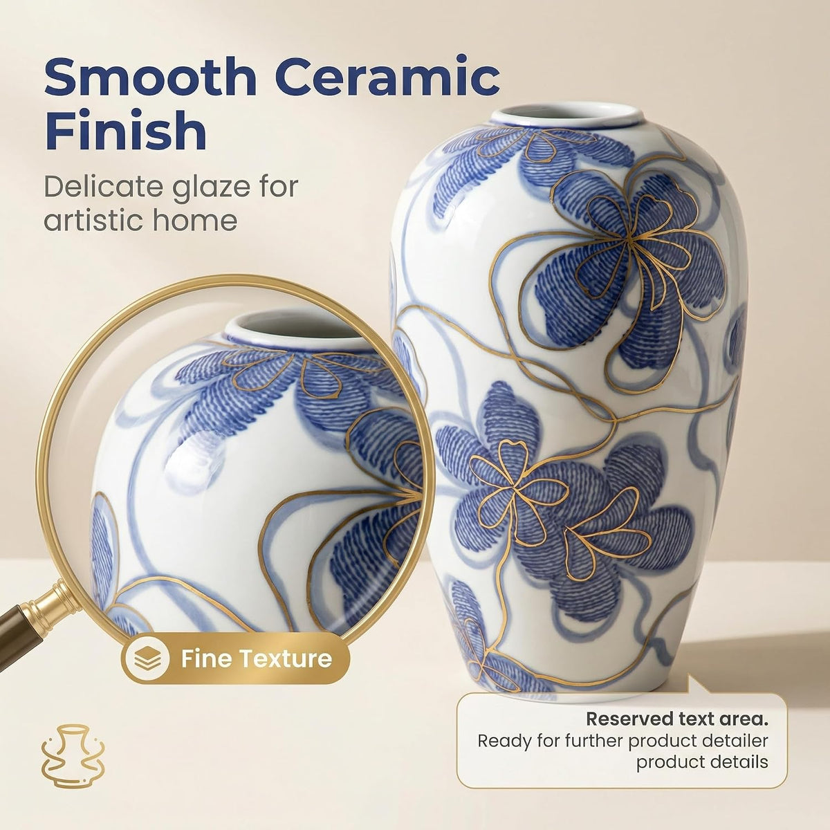 Hand-Painted Blue and White Vase with Gold Accents