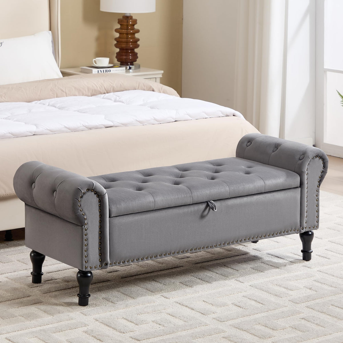 Navy Velvet Tufted Storage Bench