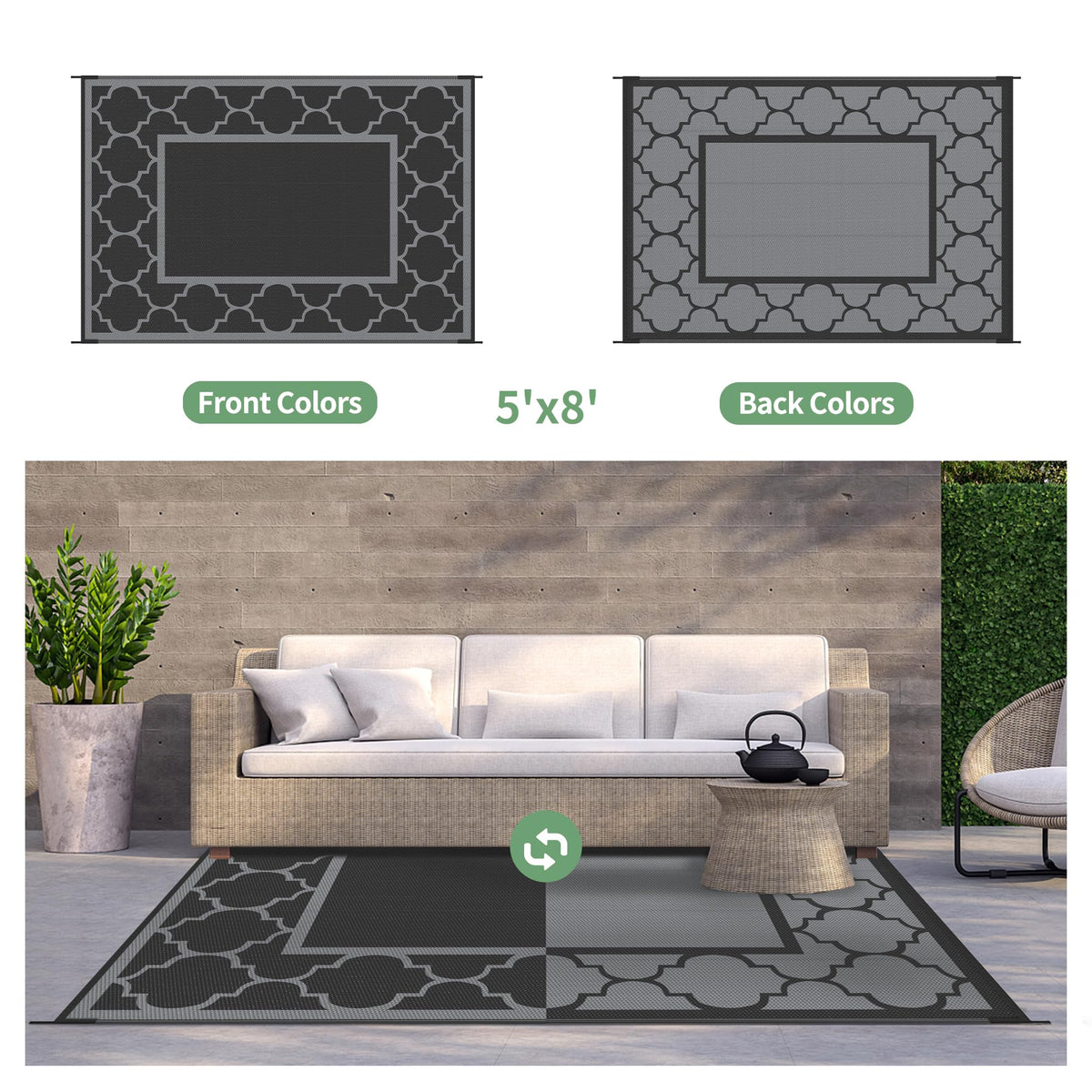 Blue and White Reversible Outdoor Rug, 5x8