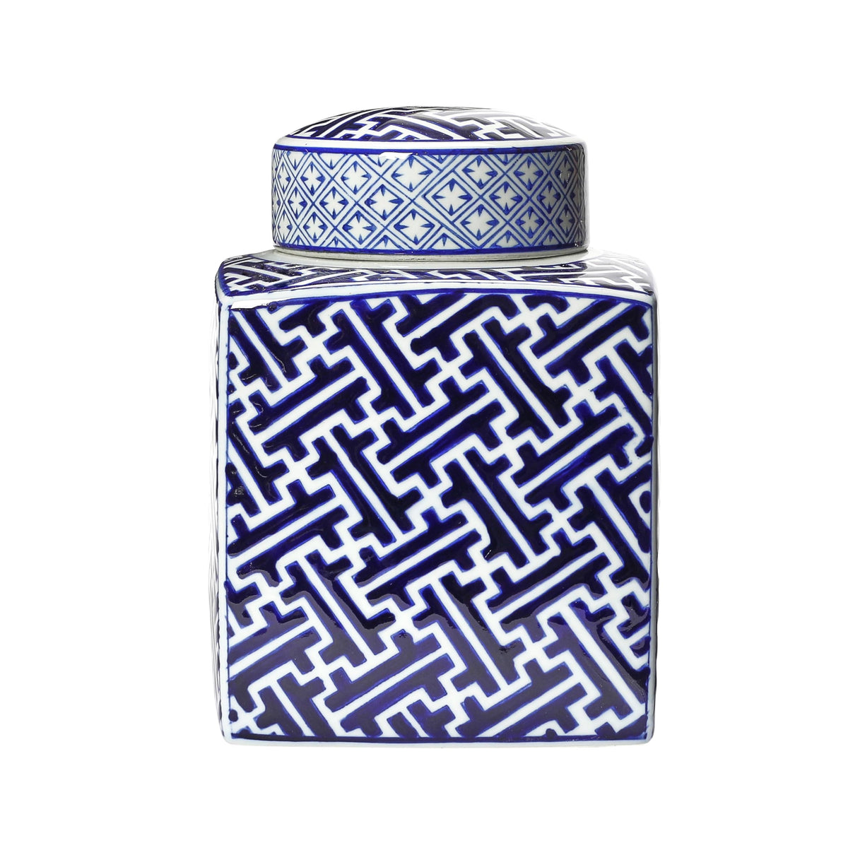 Square Ceramic Ginger Jar with Lid, Blue and White
