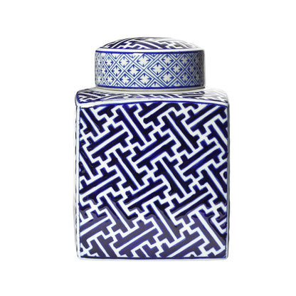 Square Ceramic Ginger Jar with Lid, Blue and White
