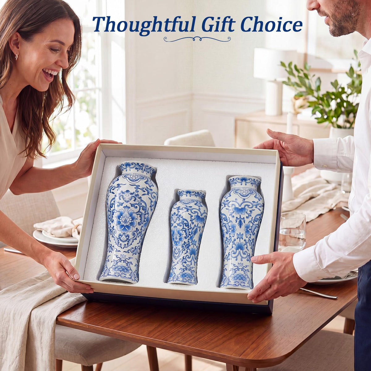 Set of 3 Blue and White Chinoiserie Vases