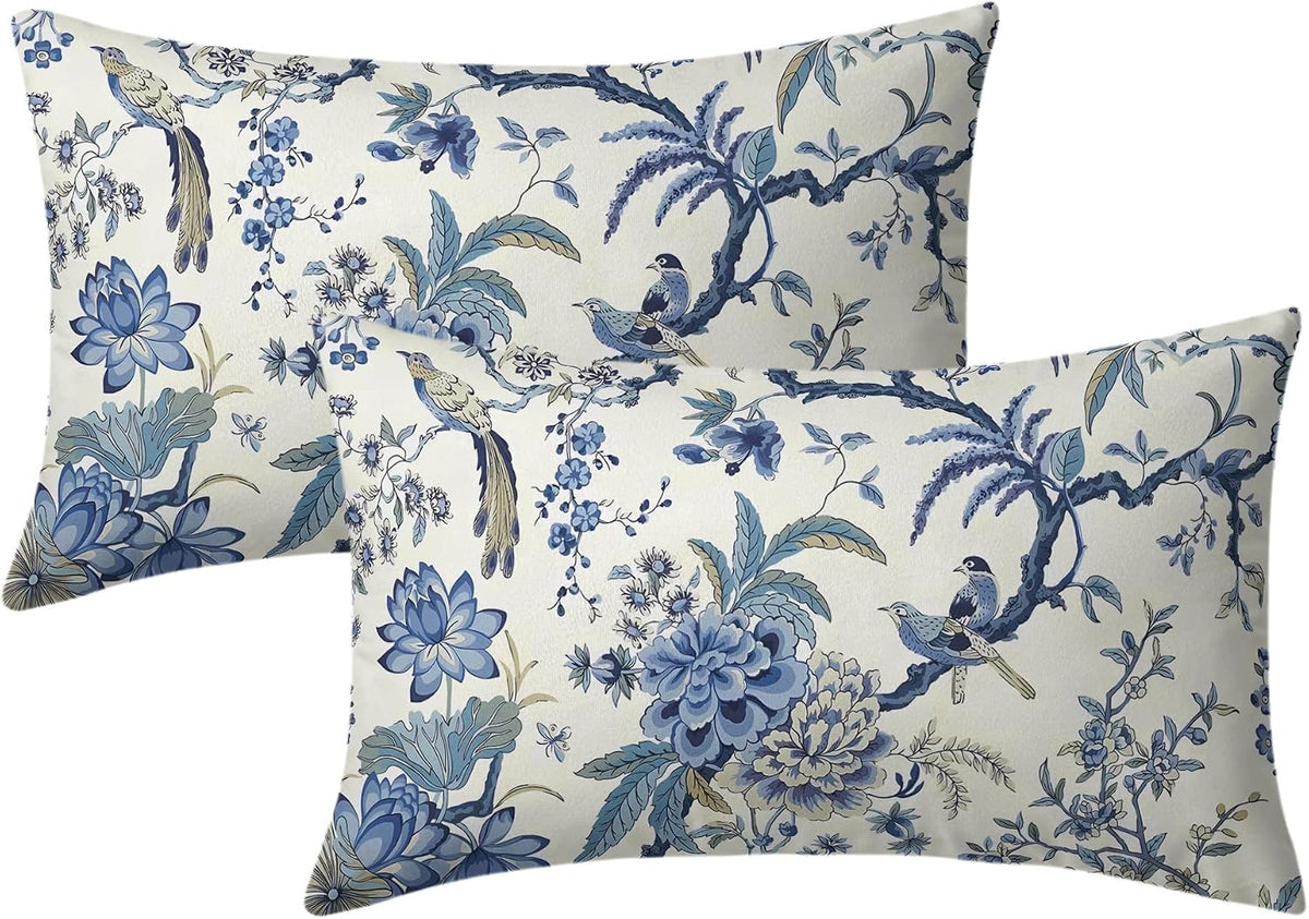 Blue and White Chinoiserie Lumbar Pillow Covers, 12x20, Set of 2
