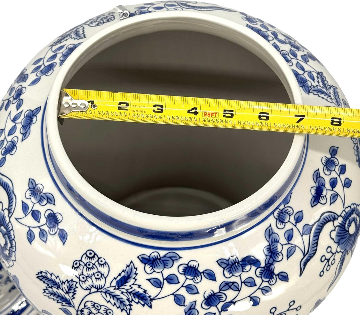 Large 25 Inch Blue and White Chinoiserie Temple Jar