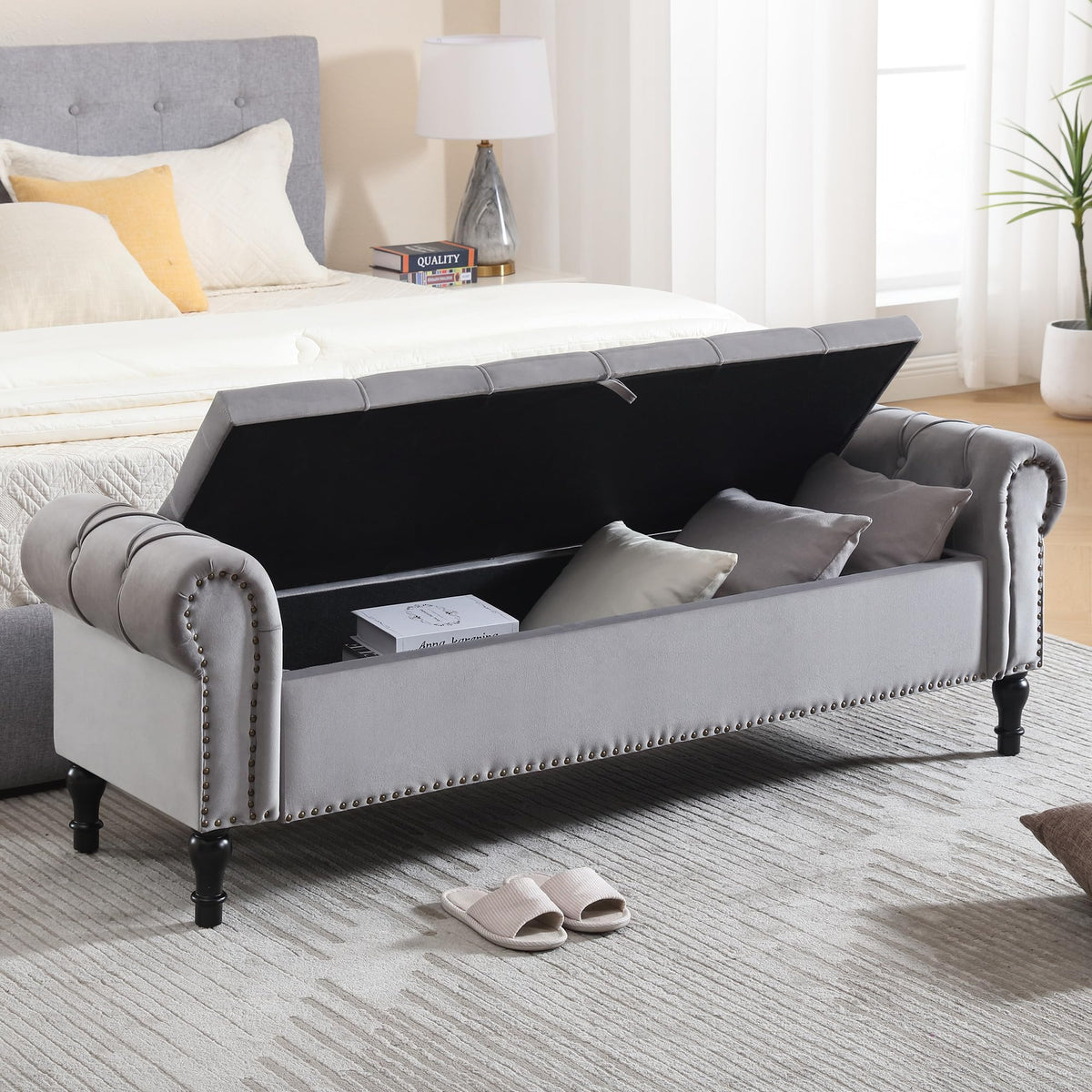 Navy Velvet Tufted Storage Bench