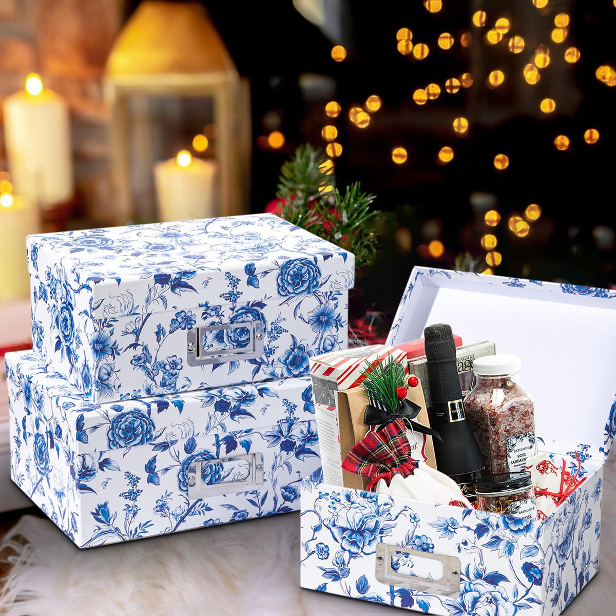 Blue and White Floral Nested Storage Boxes