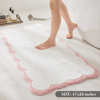 White Scalloped Bath Mat with Blue Piping