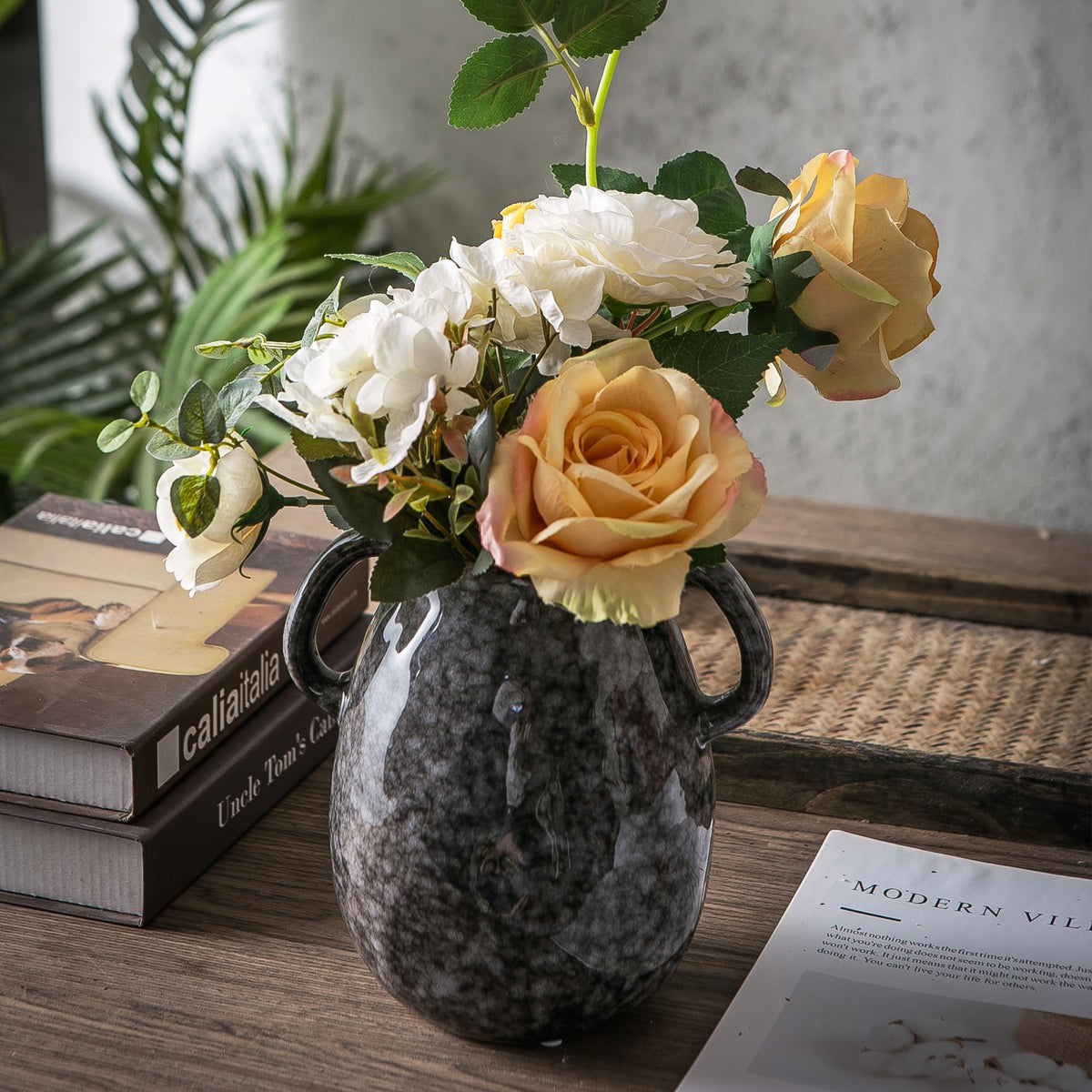 Blue Ceramic Vase with Two Handles