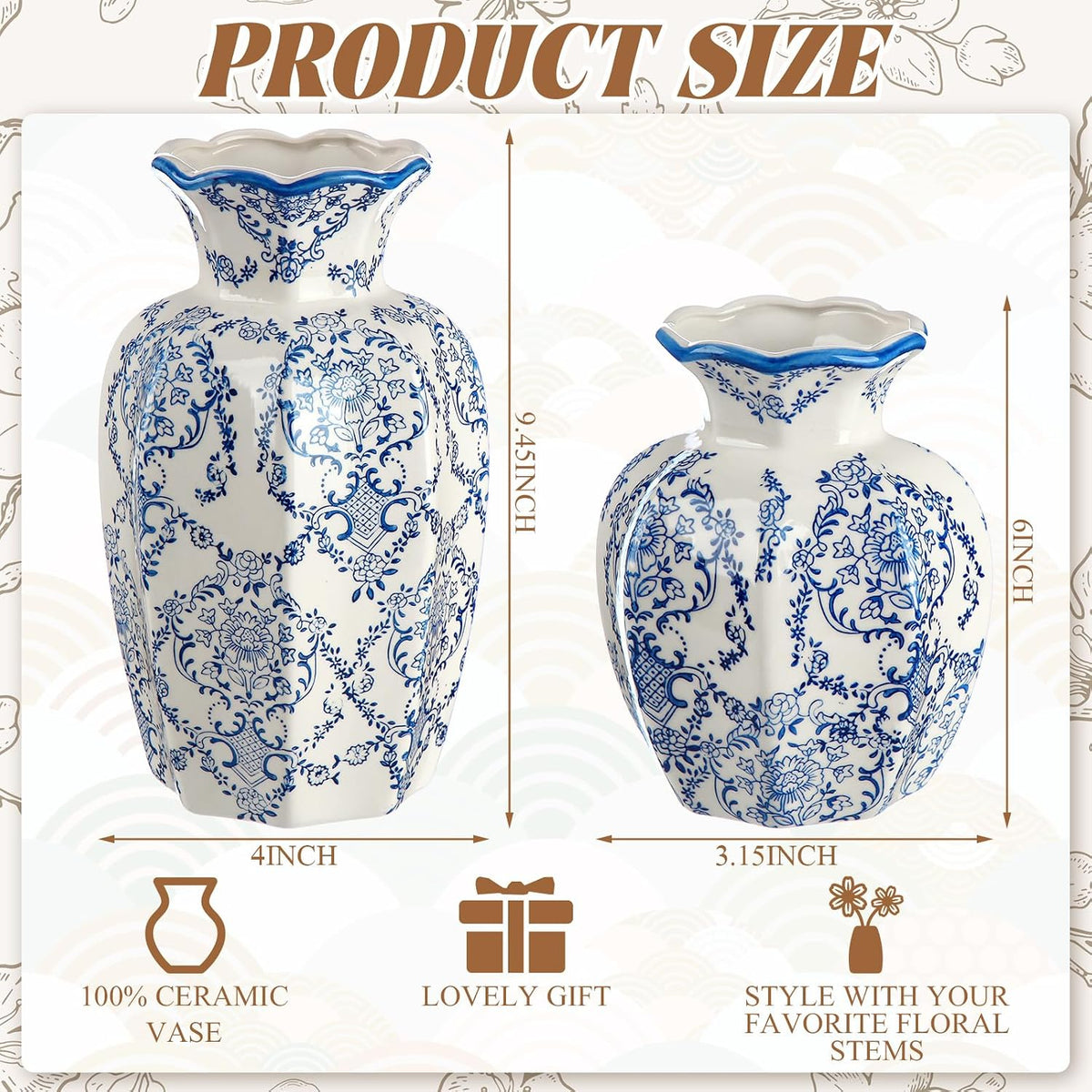 Set of 2 Blue and White Chinoiserie Vases