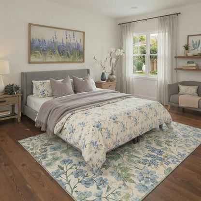 Bavni Dusty Blue Floral Washable Rug