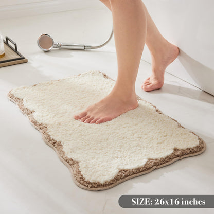 White Scalloped Bath Mat with Blue Piping